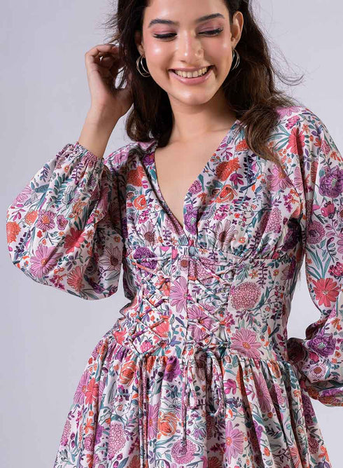 Front Tie Satin Printed Dress